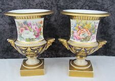 Pair Antique Paris Porcelain Hand-Painted Botanical Bolted Mantle Urn Vases picture