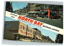 1950s-60s Postcard North Bay Ontario Canada Main St Split View Storefront Cars picture