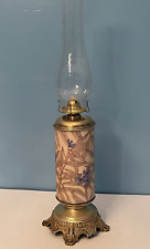 Antique Vintage Oil Kerosene Brass Lamp Periwinkle Floral Porcelain Cylinder VGC picture