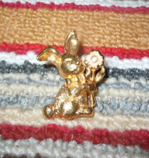 EASTER BUNNY RABBIT GOLDTONE METAL PIN PINK ENAMELED FLOWER CLEAR RHINESTONE picture