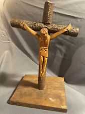 Antique Folk Tramp Art Religious Primitive Carved Wooden Jesus Crucifix picture