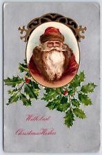 Postcard Victorian Santa Claus Holly Merry Christmas Wishes c1911 S31 picture