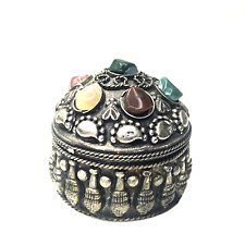 Vintage Silvertone gem studded Trinket Box Velvet lined Small Round picture