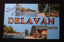 GREETINGS FROM DELAVAN WI VTG MCM MULTIVIEW LINEN PC, LIGHTHOUSE, LINCOLN AVE picture