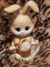 Enesco 1979 4.5” Bisque Porcelain Easter Bunny Rabbit Figurine Basket of Eggs picture