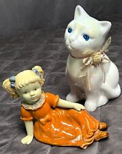 2 Vintage Ceramic Figurines Irresdescent White Cat & Little Girl Pony Tails picture