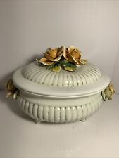 Vintage 8”Capodimonte Italy Brown Glaze Vanity Candy Lidded Dish Flowers picture