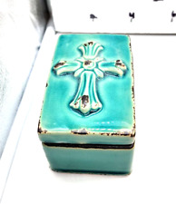Old World Look Turquoise Cross Ceramic Box by Stonebriar Collection 4.5 picture