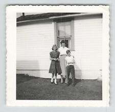 Photo 3x3 B&W Woman Standing with Boy and Girl in Front of Building picture