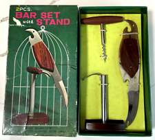 Vintage 70's Bird Barware Set & Stand Corkscrew Rosewood Made in Japan Orig Box picture
