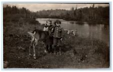 c1910's Candid Children Boy Girl Deer Lake View RPPC Unposted Photo Postcard picture