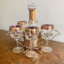 Vintage Culver Cranberry Scroll Decanter Set 5 Wine Glasses Caddy 22K Gold MCM picture