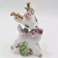 Vintage Japan Napco Reindeer Porcelain Figurine Pink Bow Flower Floral Read  picture