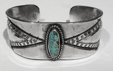 RARE OLD 1890s 1910 Hammered Chiseled Ingot 925 Silver Turquoise CUF Bracelet 7