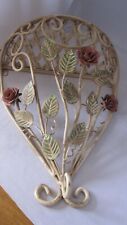 Vintage Shabby Chic Tole Ware Roses Metal Shelf Pink Floral Green Leaves Chippy picture
