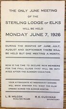 1926 Sterling, Illinois Lodge of Elks Meeting Invitation, Posted, Prepaid Card picture