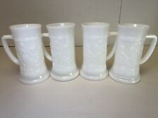 Vintage White Milk Glass Mugs Beer Steins Set of 4 Raised Pub Scene Tankard Cups picture