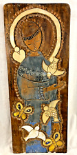 Vintage Brazilian Carved & Painted St. Francis Plaque Signed Batista, Mid-1900s picture