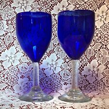 Cobalt Blue Glasses Wine Hand Blown 2 Handmade Glasses Clear Stems picture