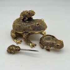Bombay Company Brass Frog Jeweled Box Magnifying Glass Letter Opener Desk Set picture