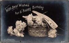 c1907 Best Wishes Happy Birthday RPPC B&W Photo Postcard Rotograph Flowers Glove picture
