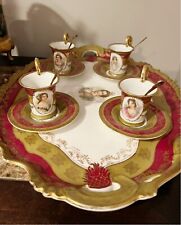 CARLSBAD AUSTRIA ANTIQUE TRAY WITH Demitasse Cups And Saucers , Sterling Spoons picture