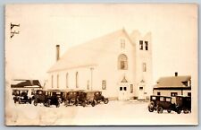 1926 RPPC St Paul Lutheran Church Dale WI Old Cars Parking Lot Photo Postcard picture