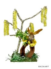 Rare Vtg German Chenille Easter Bunny Rabbit Tree Pipe Cleaner Wood Figurine 6” picture