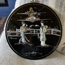 Vintage Chinese CPC Macau Round Black Lacquer Mother of Pearl Geisha Plaque 14” picture