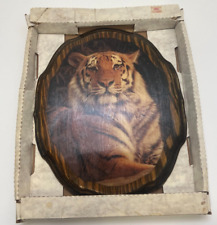 Vintage Majestic Bengal Tiger Print Lacquered Resin Wood Wall Art Plaque picture