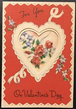 Vtg Valentine Card Heart Ribbons Peek Thru Flowers Little Gift Lots Of Love picture