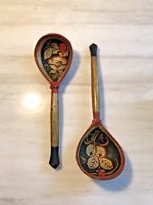 Two Vintage LACQUERED SPOONS Small Ladles Wooden Handcrafted Painted picture