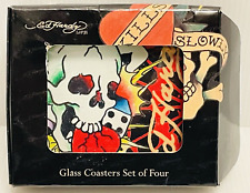 Ed Hardy Life Glass Coasters Set of four never used still in plastic. picture