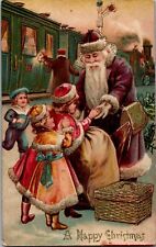 Tuck Christmas Postcard PRUSSIA Purple Coat Santa Old World St Nick TRAIN picture