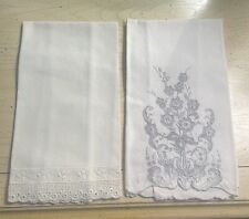 2 Vintage Embroidered White Linen Hand Towels picture
