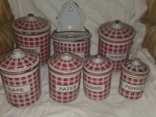 ANTIQUE BB B.B. FRERES FRENCH ENAMEL ENAMELWARE CANISTER SET RED QUILTED SQUARES picture