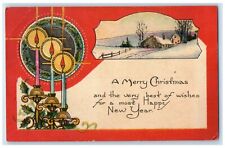 c1930's Merry Christmas And New Year Candle Lights House Winter Antique Postcard picture