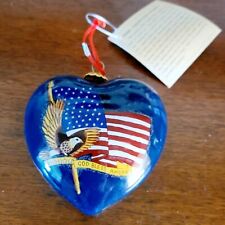 RARE Patriotic American Flag Heart Shape Hand Painted Hand Blown Glass Ornament picture