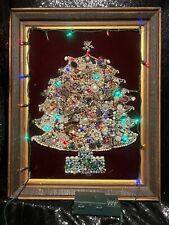 Vintage LARGE Handmade JEWELRY CHRISTMAS TREE Red Velvet LIGHTS UP Framed 23x29 picture