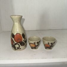Vintage Japanese Hand Made 3 Piece Sake Set Hand Painted Fruit Trees 1960’s picture