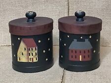Set Of 2 Rustic Pantry Box Canisters Hand Painted Stenciled Houses Primitive picture