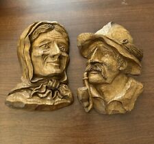 Vintage Pair FAUX Carved Wood Resin Man And Woman Wall Plaque Man W/ Pipe picture