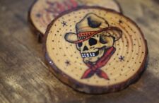 Cowboy Skull - Set of 4 | Traditional Tattoo Wooden Coasters by PrimitivArt picture