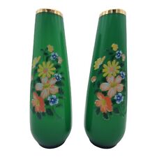 Vintage Glass Bud Vase Teardrop Shape Green Floral Flowers Gold Rim Mid Century picture