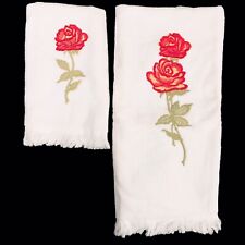 Vintage Royal Terry Bath And Hand Towel Set White Embroidered Red Roses 1950s picture