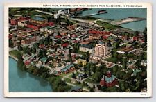 c1920s Traverse City Michigan MI~Aerial View~Downtown~Bay~Lake~VTG Postcard picture