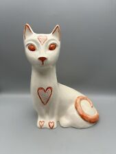 Large Handmade Ceramic Sitting Cat Figurine Ornament With Orange Hearts picture