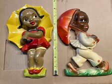 Vintage Black Americana Kids With Umbrellas Chalkware Plaster Wall Plaques picture