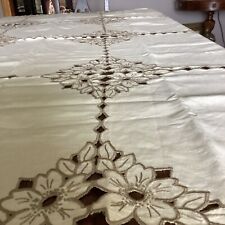 Outstanding Madeira TABLECLOTH 64” X 48” Ecru Cut work Hand Embroidered picture