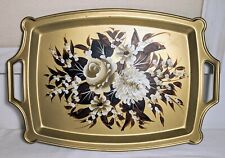Vintage Metal Hand Painted Tray Tole Serving Tray Gold White Handles 17
